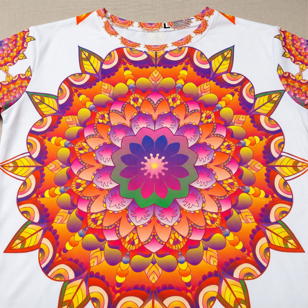 Lifestyle close-up of a colorful mandala floor pillow with original art, showing vibrant patterns, durable fabric, and plush filling in a cozy living space.