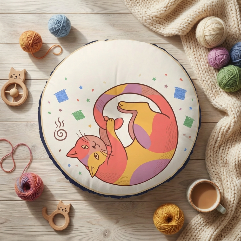 Round tufted cat floor pillow with Cozy Winter / New Year Boho Cat design in warm pink, yellow, and teal; lifestyle shot on a living room floor showing a relaxed, cozy setup.