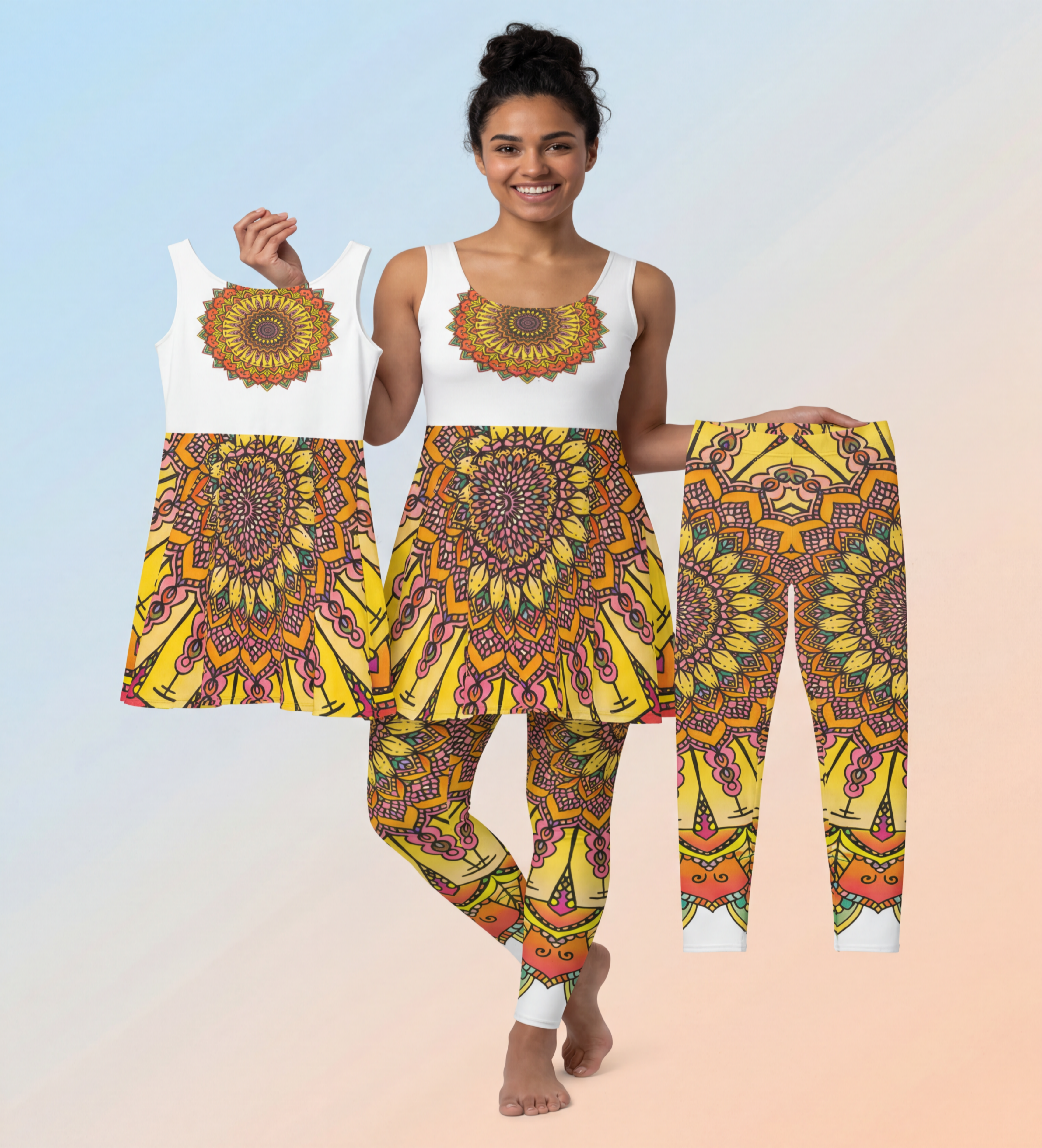 Woman wearing a matching outfit with mandala patterns on a gradient background