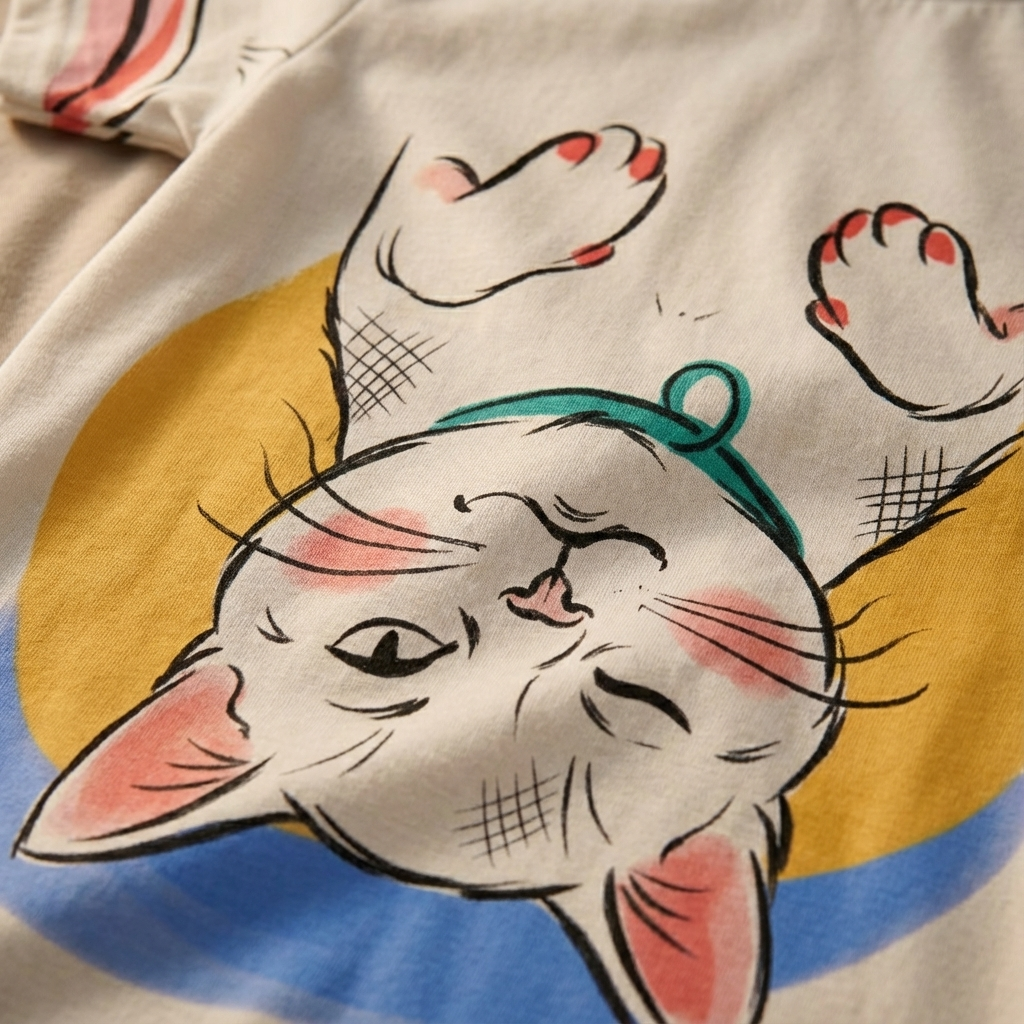 Red-pink cropped t-shirt featuring minimalist line-art cat in white and black, shown in a lifestyle studio setting with soft lighting for a clear product view.