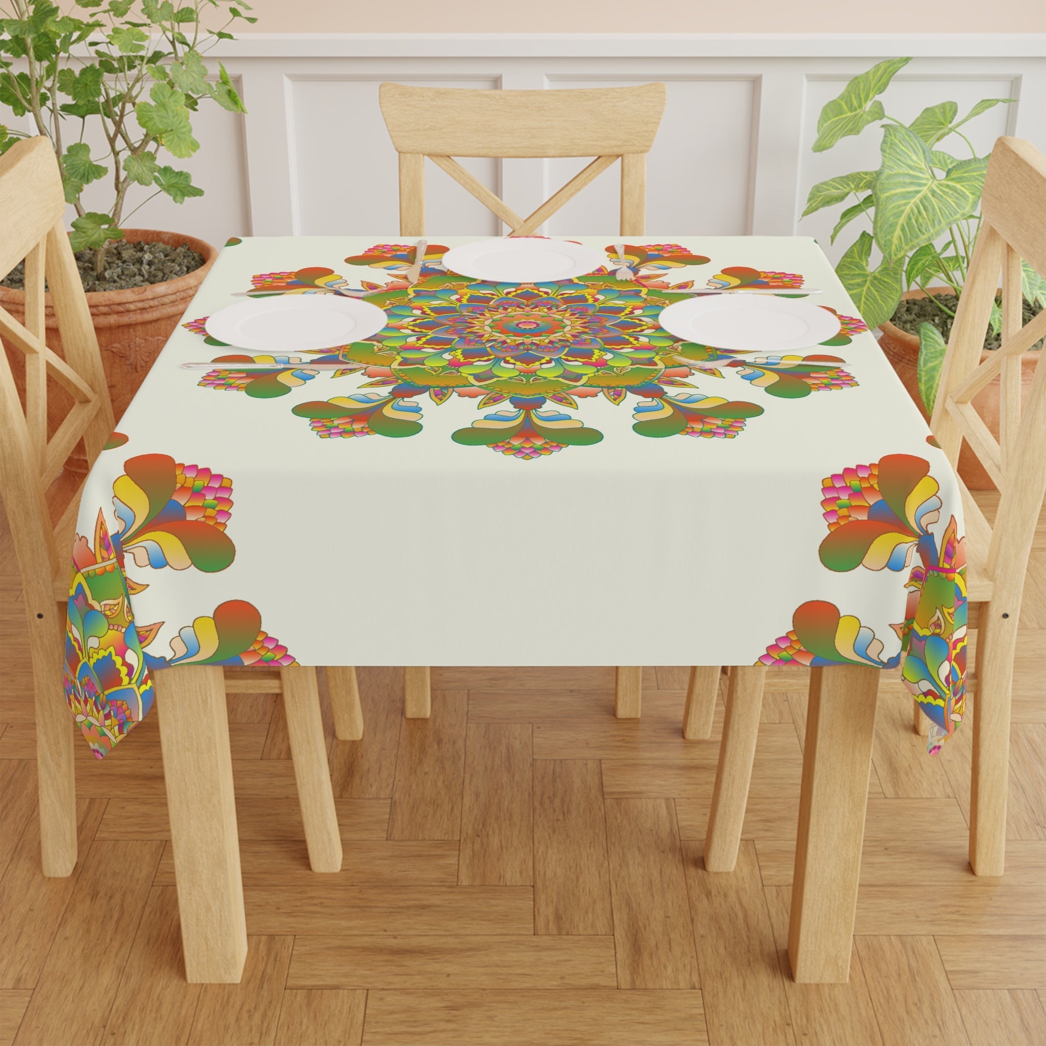 Rainbow Mandala Tablecloth - Ivory, 16 Petal Design Home Decor - Blululi