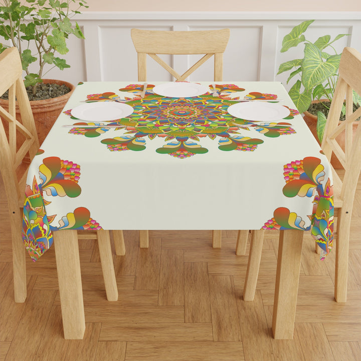 Rainbow Mandala Tablecloth - Ivory, 16 Petal Design Home Decor - Blululi