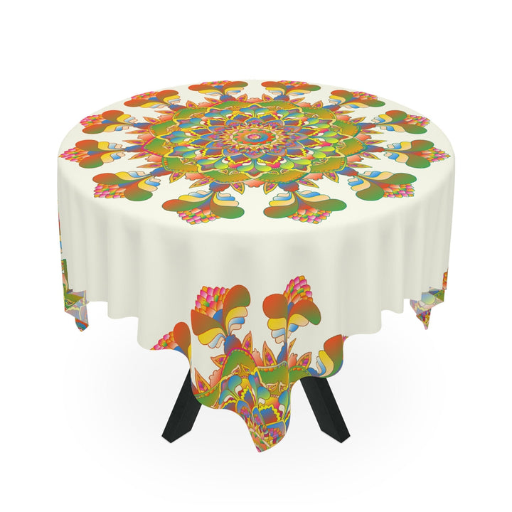 Rainbow Mandala Tablecloth - Ivory, 16 Petal Design Home Decor - Blululi