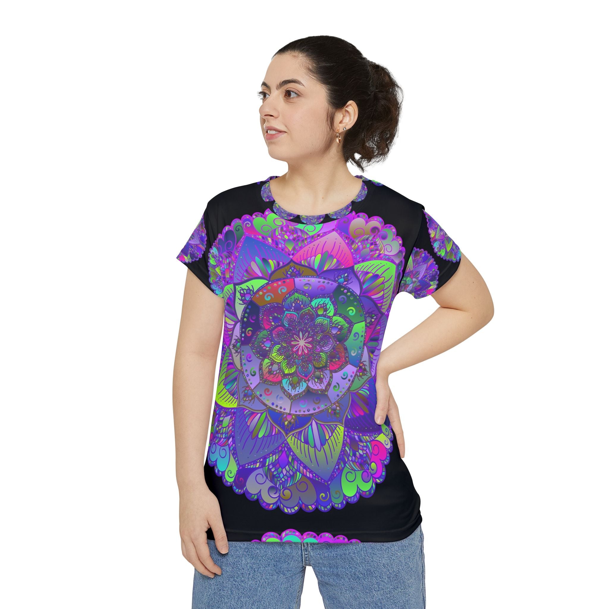 Rainbow Mandala Women's T-Shirt - Black All Over Prints - Blululi