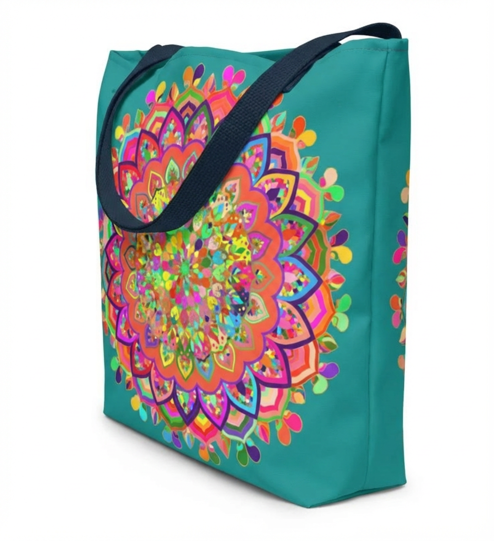 Vibrant Mandala Tote Bag in Aquamarine with Playful Patterns
