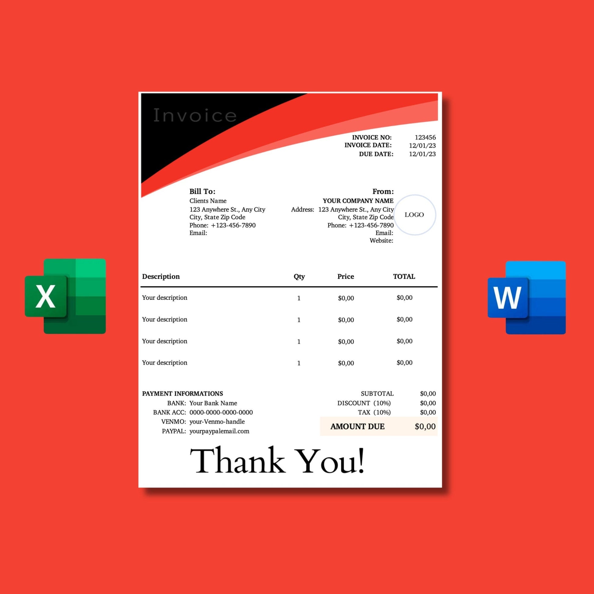 Red Invoice Template - Small Business Solution digital download - Blululi