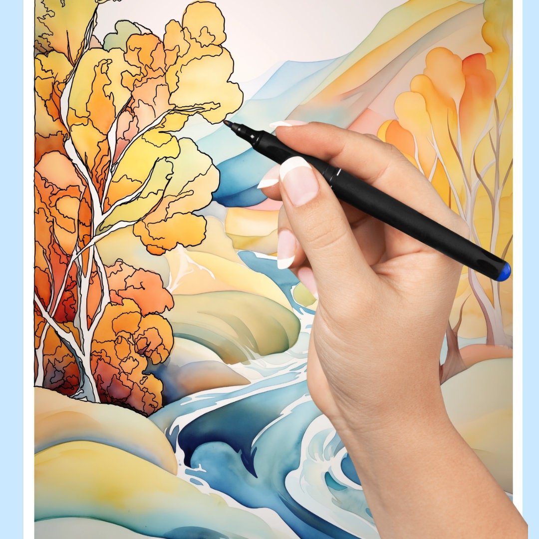 Reverse Coloring Pages - Watercolor Landscapes, 34 Designs for Creative Expression - A4 and US Letter Sizes digital download - Blululi