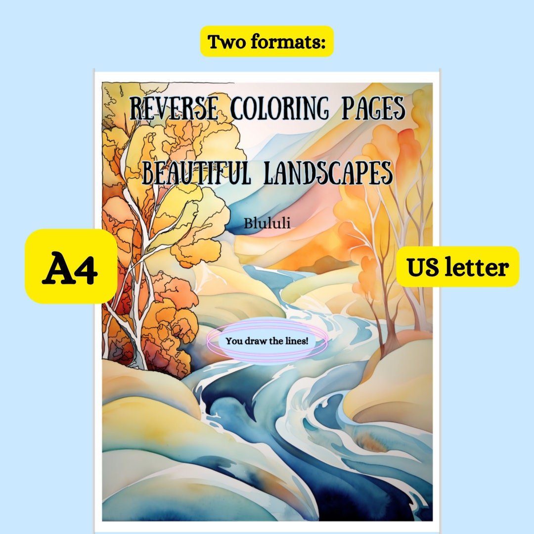 Reverse Coloring Pages - Watercolor Landscapes, 34 Designs for Creative Expression - A4 and US Letter Sizes digital download - Blululi