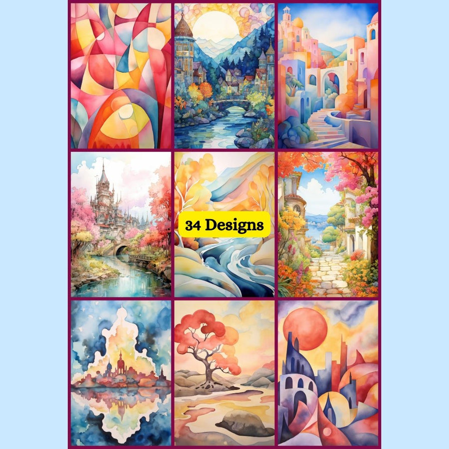 Reverse Coloring Pages - Watercolor Landscapes, 34 Designs for Creative Expression - A4 and US Letter Sizes digital download - Blululi