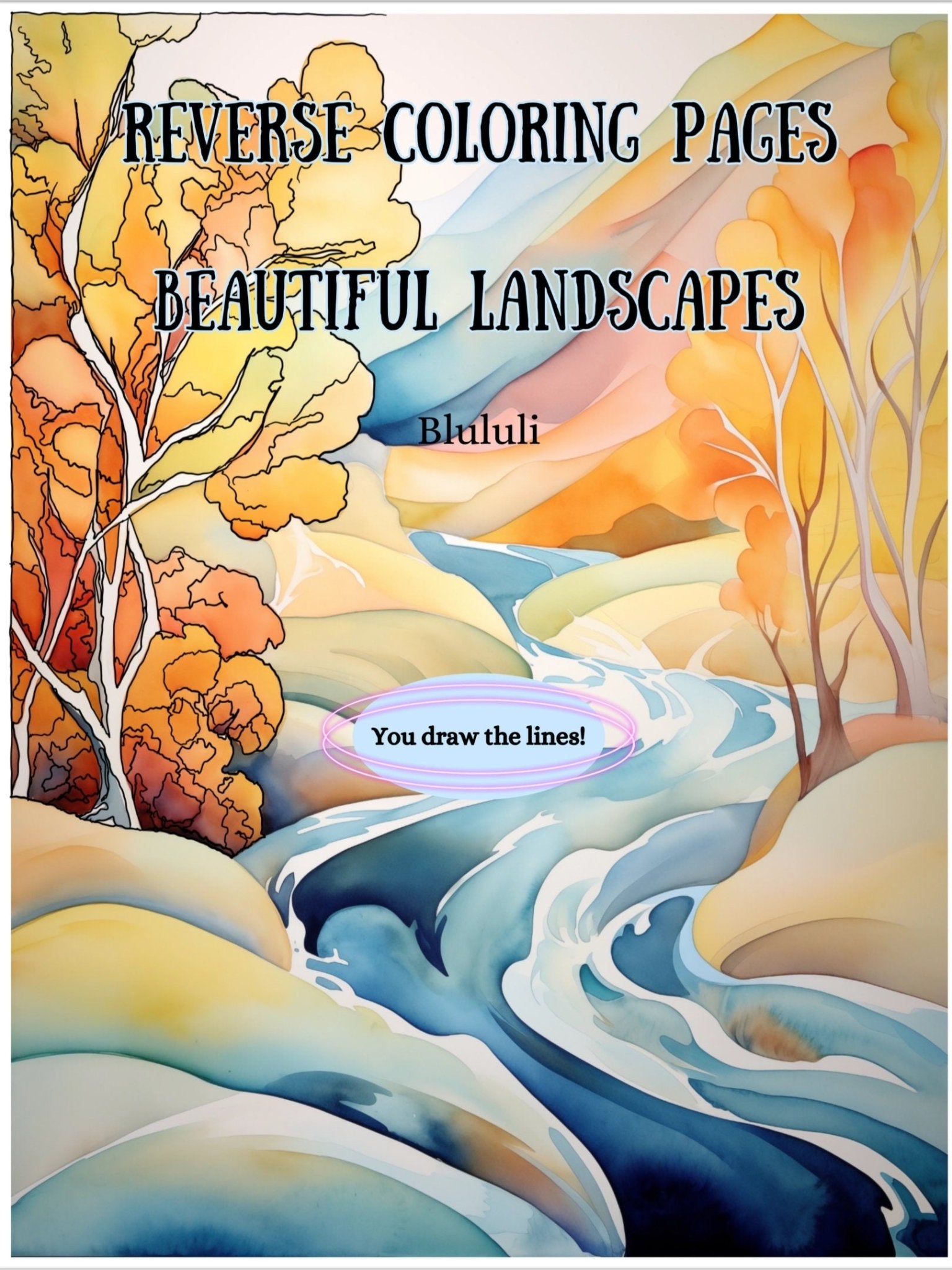 Reverse Coloring Pages - Watercolor Landscapes, 34 Designs for Creative Expression - A4 and US Letter Sizes digital download - Blululi
