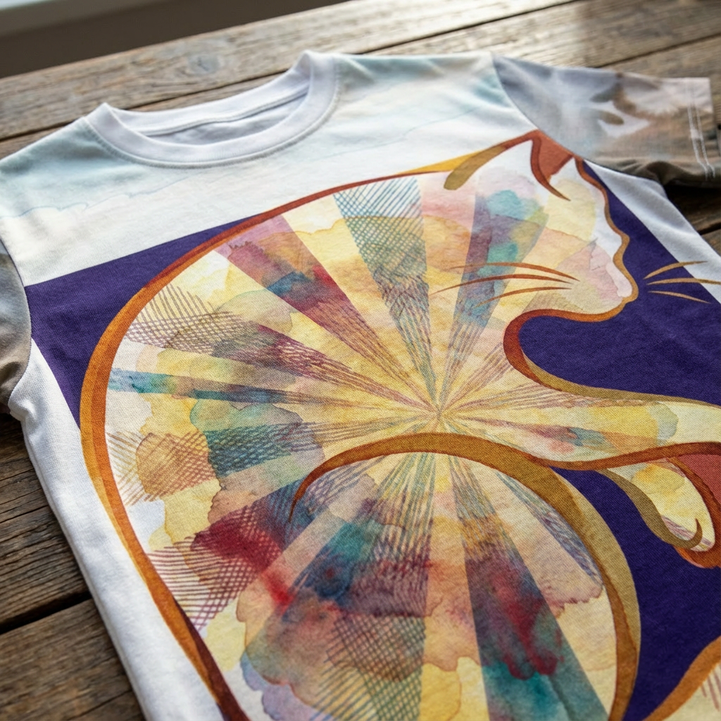 Sunbeam Cat T-shirt in a light cream color with peach accents, featuring interlocking cat and sunbeam silhouettes in a double-exposure style; lifestyle studio flatlay showing a cozy, relaxed vibe