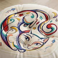 Round floor pillow featuring a surreal cat design with dominant blue color, looping tail and bright accents; lifestyle setting in a cozy living room, close-up view of the plush pillow emphasizing comfort and whimsy.