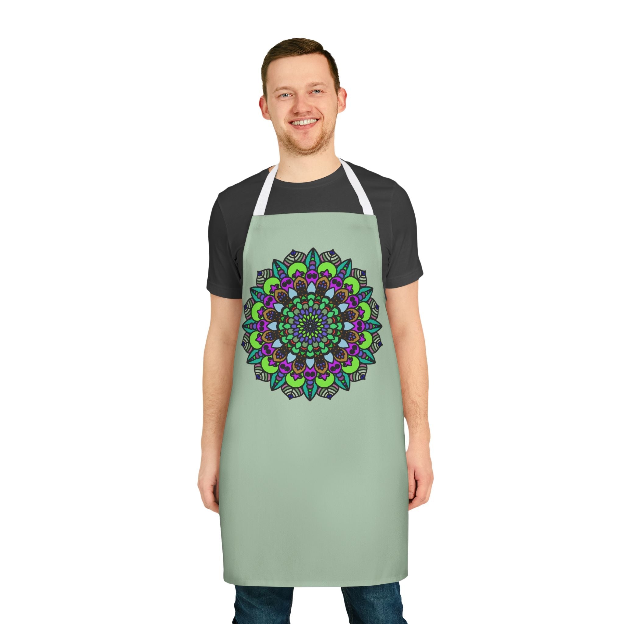 Sage Green Mandala Apron - Hand Drawn Art All Over Prints - Blululi