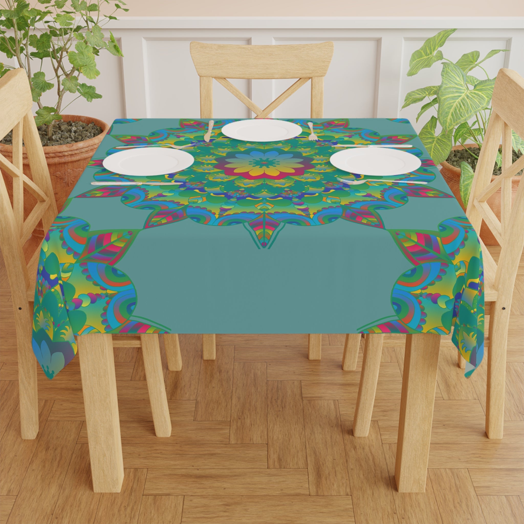 Sage Green Mandala Tablecloth - Intricate Floral Design Home Decor - Blululi