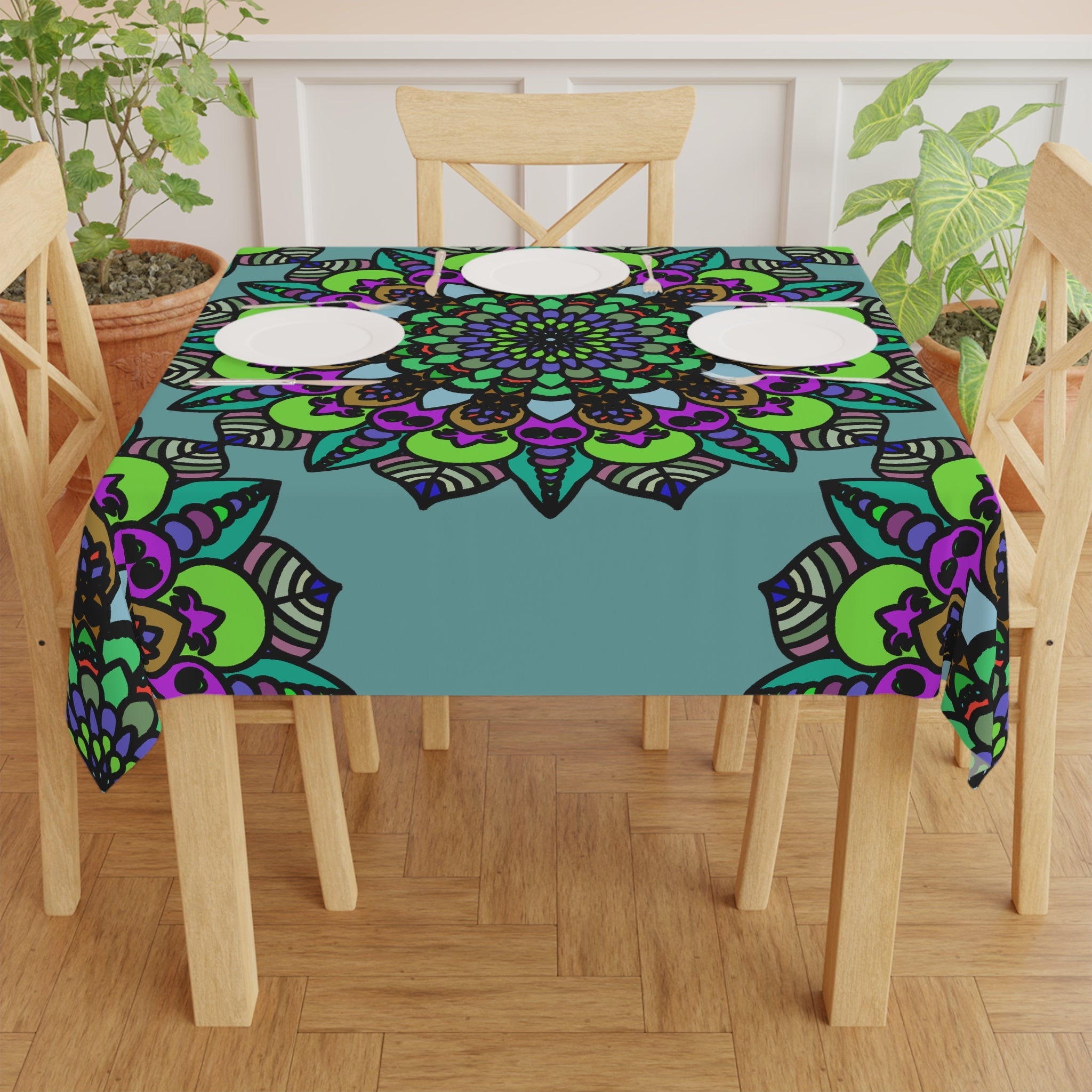 Sage Green Mandala Tablecloth - Vibrant Circular Design Home Decor - Blululi