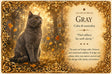 A decorative oracle card titled 'CAT COLOR ORACLE' with the color 'GRAY' and the phrase 'Calm & neutrality.' The left side shows a gray cat sitting in a sunlit autumn forest, while the right side contains text with an ornate gold border.