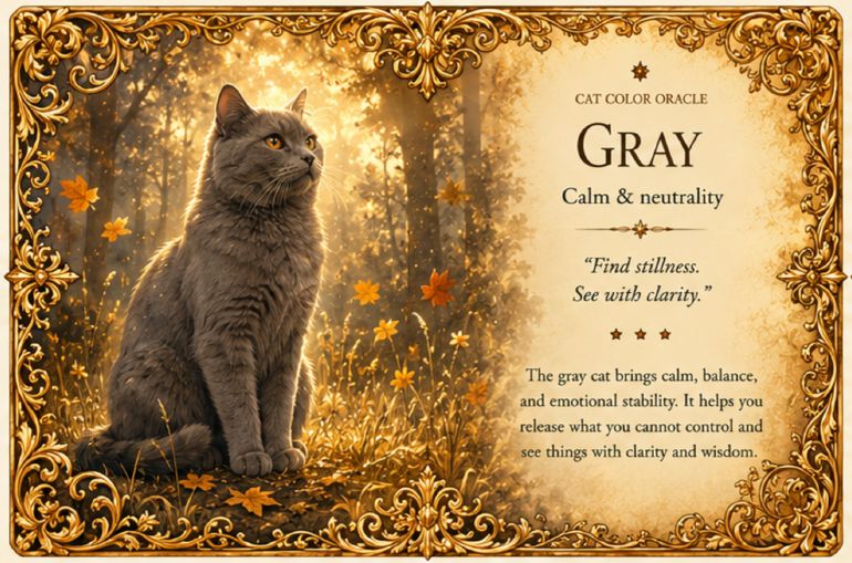 A decorative oracle card titled 'CAT COLOR ORACLE' with the color 'GRAY' and the phrase 'Calm & neutrality.' The left side shows a gray cat sitting in a sunlit autumn forest, while the right side contains text with an ornate gold border.