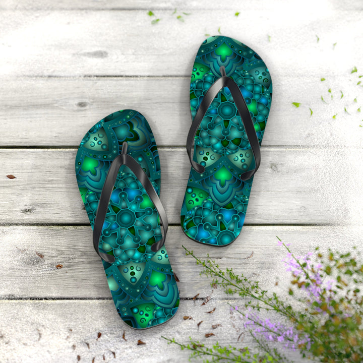 Serene Blue & Green Mandala Flip Flops Shoes - Blululi