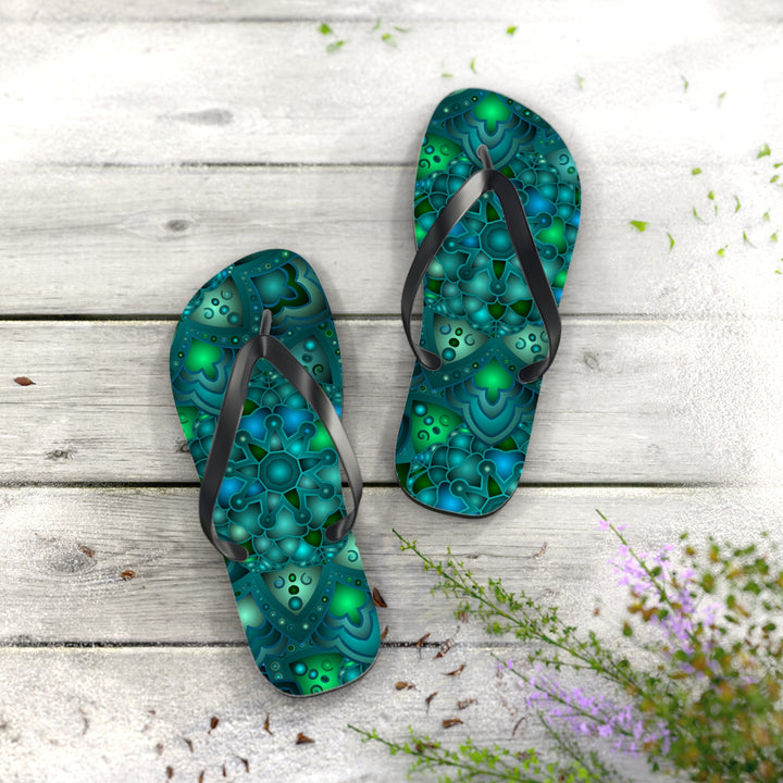 Serene Blue & Green Mandala Flip Flops Shoes - Blululi