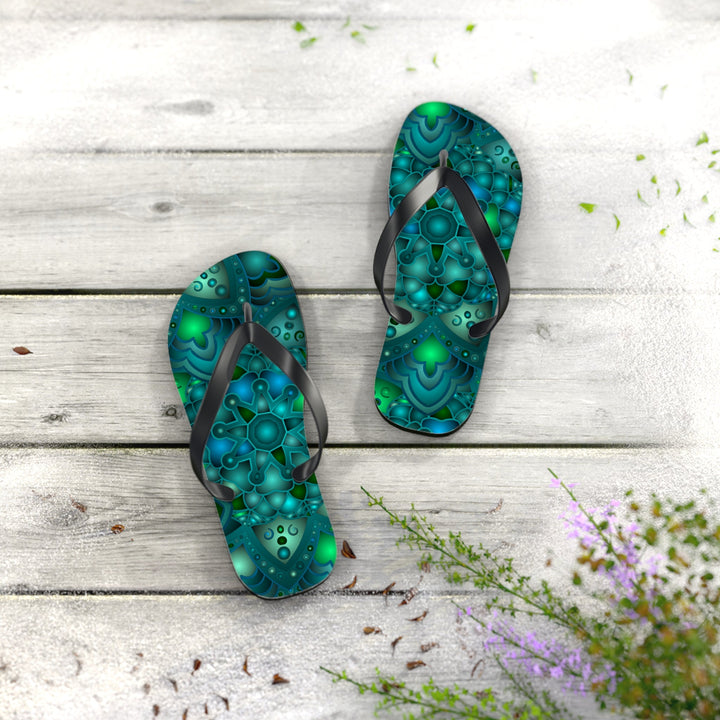 Serene Blue & Green Mandala Flip Flops Shoes - Blululi