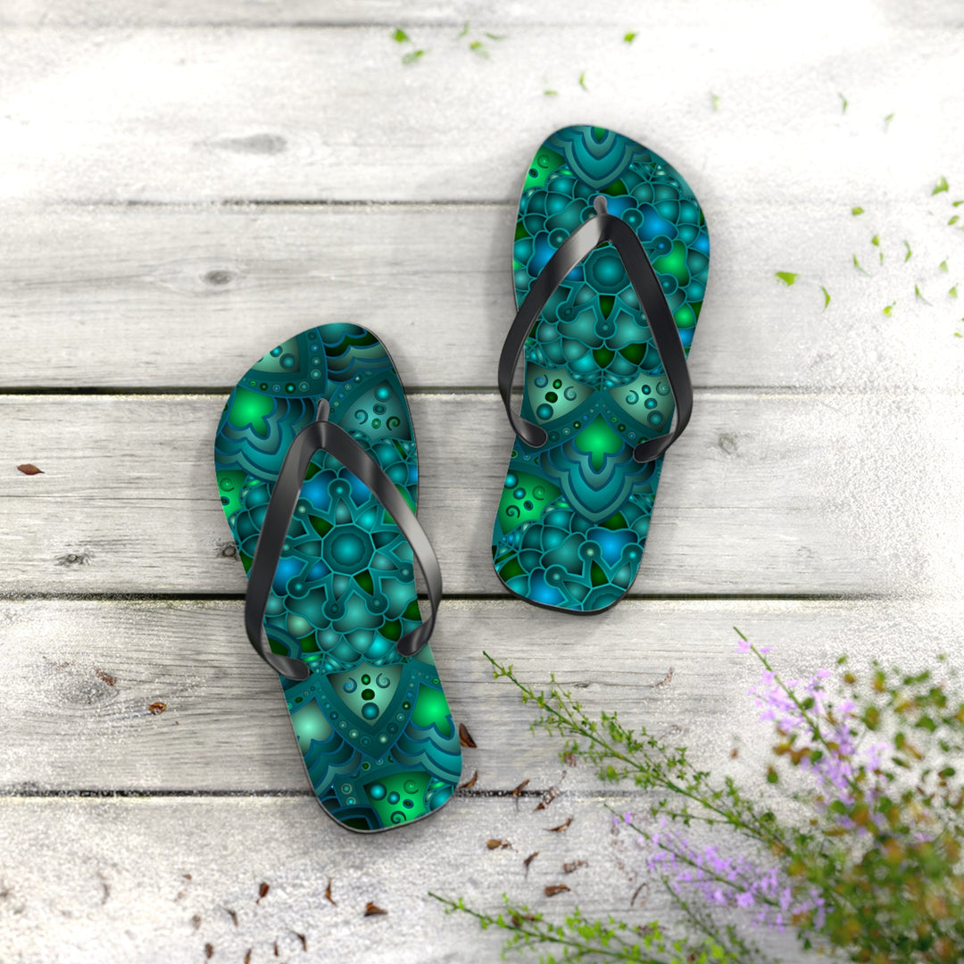 Serene Blue & Green Mandala Flip Flops Shoes - Blululi