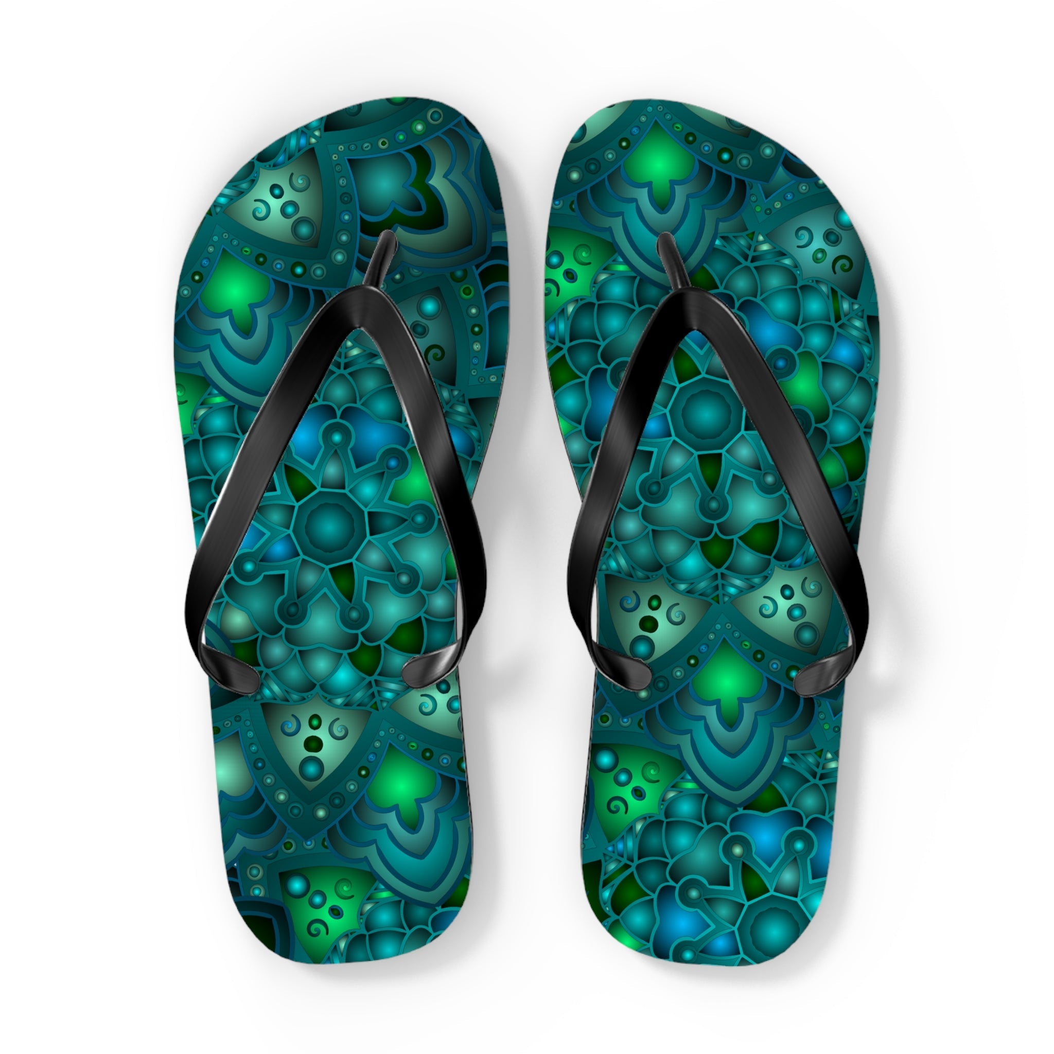 Serene Blue & Green Mandala Flip Flops Shoes - Blululi