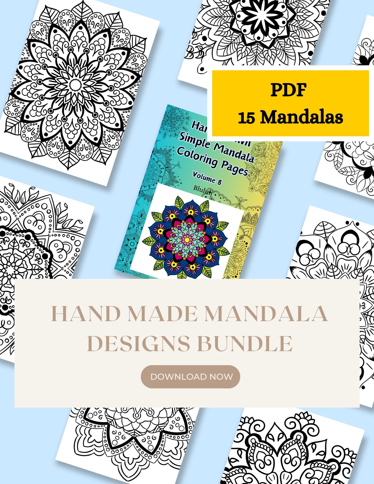 Simple Mandala Coloring Pages - 15 Hand - Drawn Designs - 8.5 x 11 inches digital download - Blululi