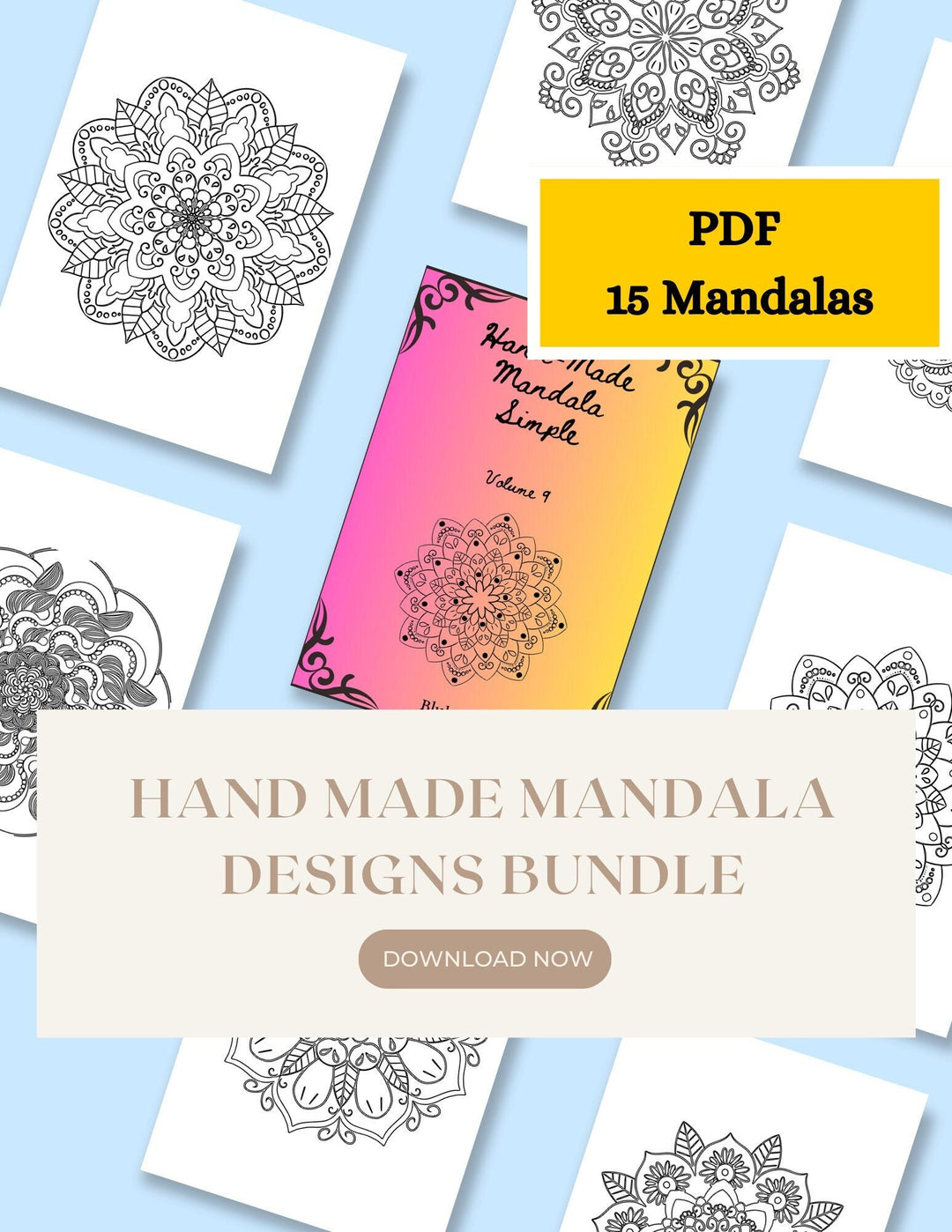 Simple Mandala Coloring Pages - Vol. 9, 15 Hand - Drawn Designs - 8.5 x 11 inches digital download - Blululi