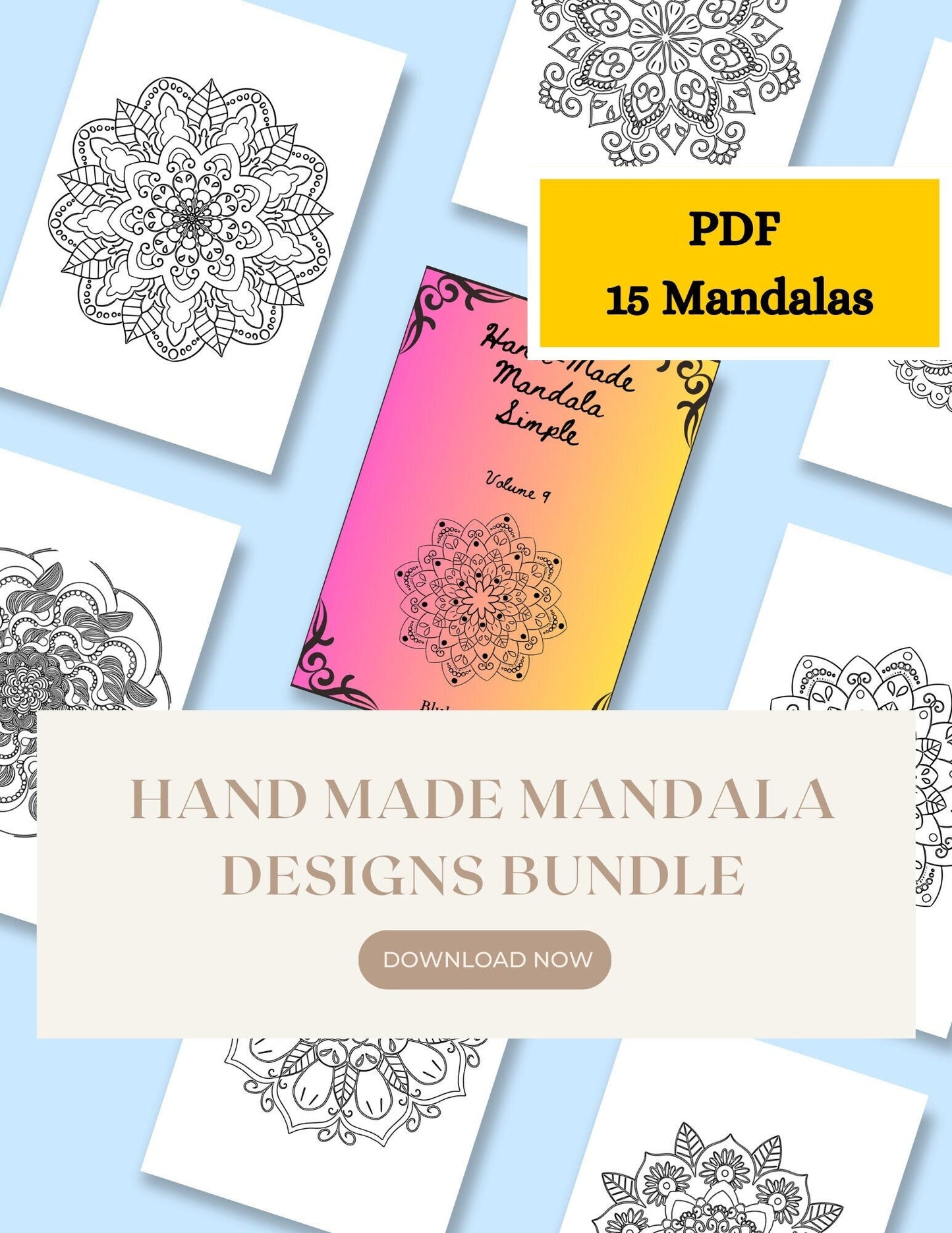 Simple Mandala Coloring Pages - Vol. 9, 15 Hand - Drawn Designs - 8.5 x 11 inches digital download - Blululi