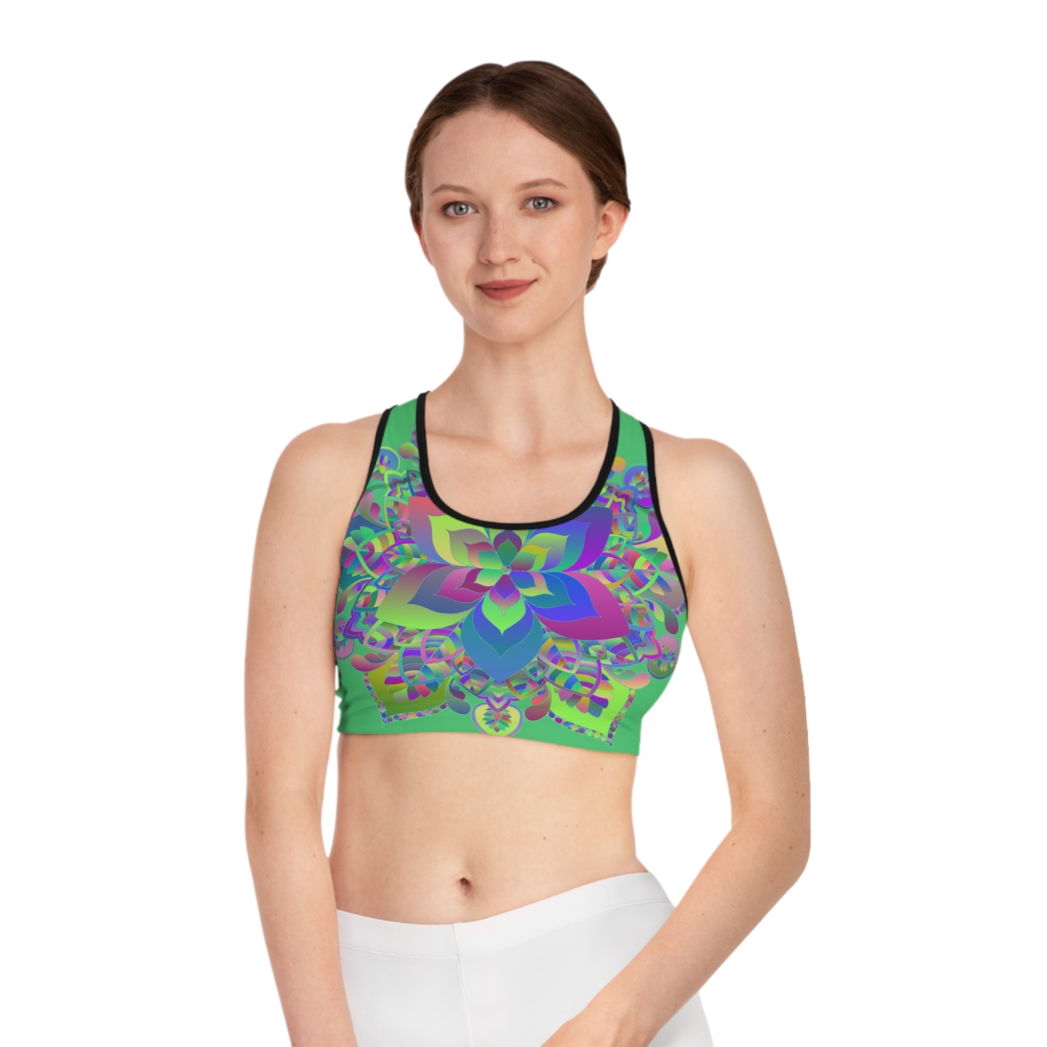 Sports Bra hand drawn mandala Emerald Green All Over Prints - Blululi