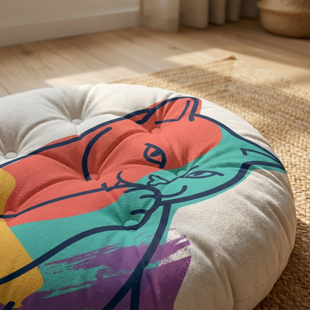 Round floor pillow featuring sarcastic cat double-exposure, simple cartoon line art in a lifestyle setting; color palette includes dark blue #0B2340 and bright accents; product sits on a living room floor with a cozy vibe.