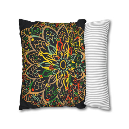 Spun Polyester Square Pillowcase Mandala Art - Original Fine Art - Hand - drawn - Dark Charcoal Blue - Blululi