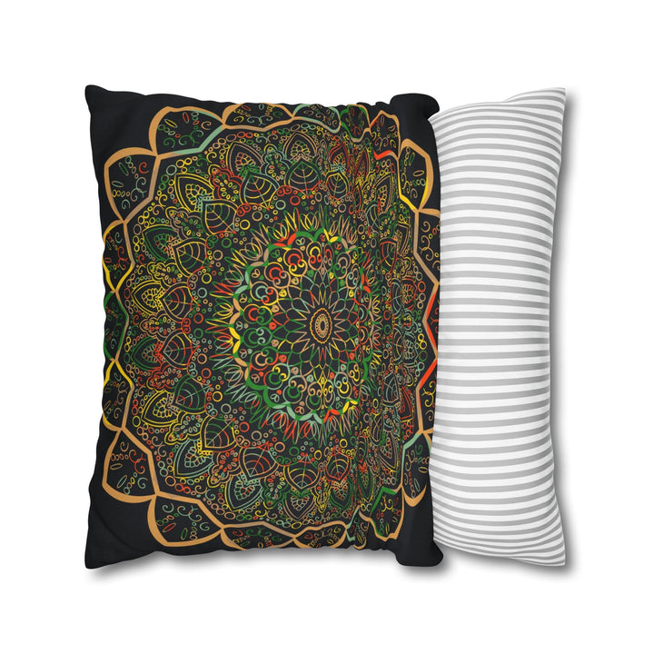 Spun Polyester Square Pillowcase Mandala Art - Original Fine Art - Hand - drawn - Dark Charcoal Blue - Blululi