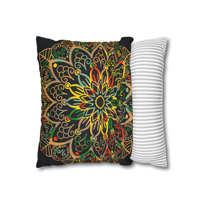 Spun Polyester Square Pillowcase Mandala Art - Original Fine Art - Hand - drawn - Dark Charcoal Blue - Blululi