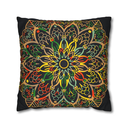 Spun Polyester Square Pillowcase Mandala Art - Original Fine Art - Hand - drawn - Dark Charcoal Blue - Blululi