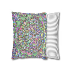 Spun Polyester Square Pillowcase Mandala Art - Original Fine Art - Hand - drawn - Pastel colors - Blululi