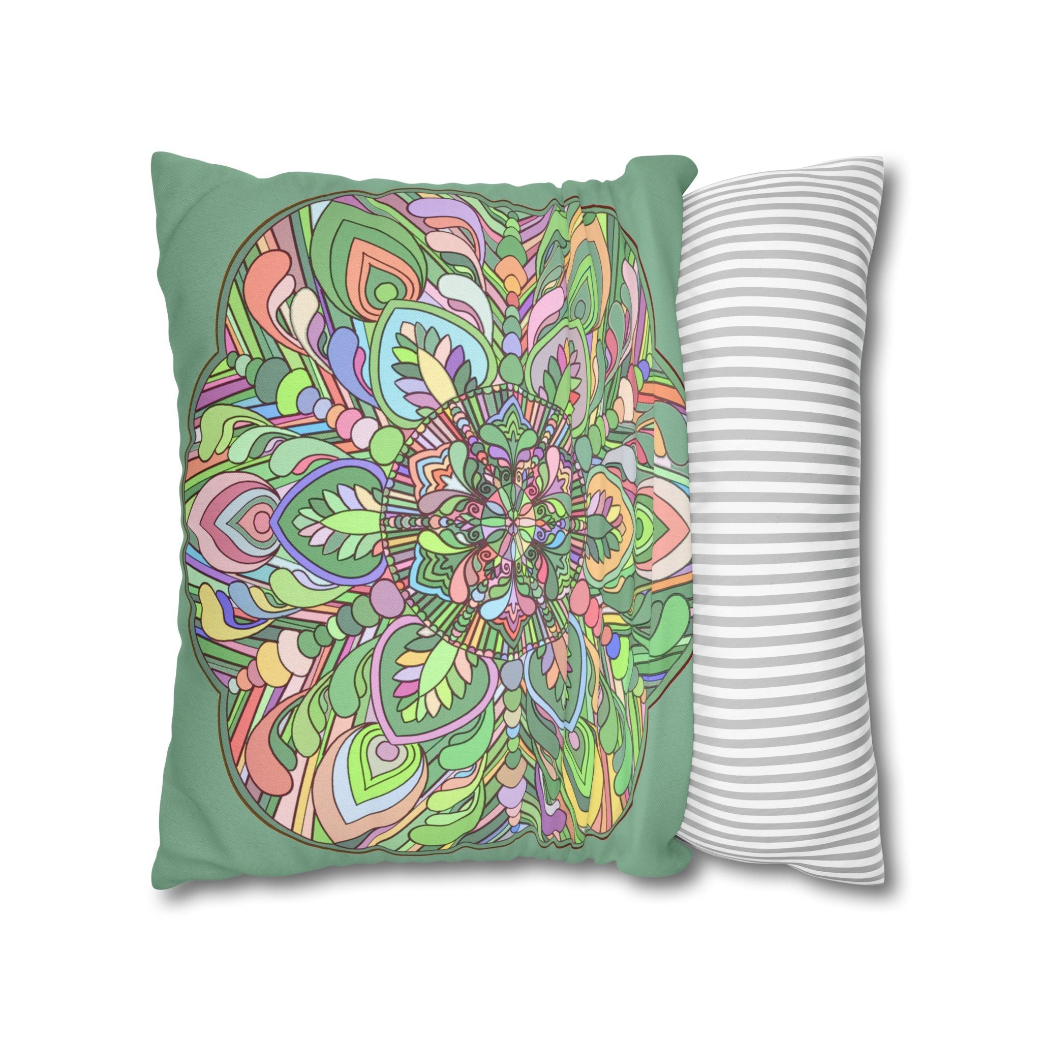 Spun Polyester Square Pillowcase Mandala Art - Original Fine Art - Hand - drawn - Pastel colors, Light Moss Green - Blululi