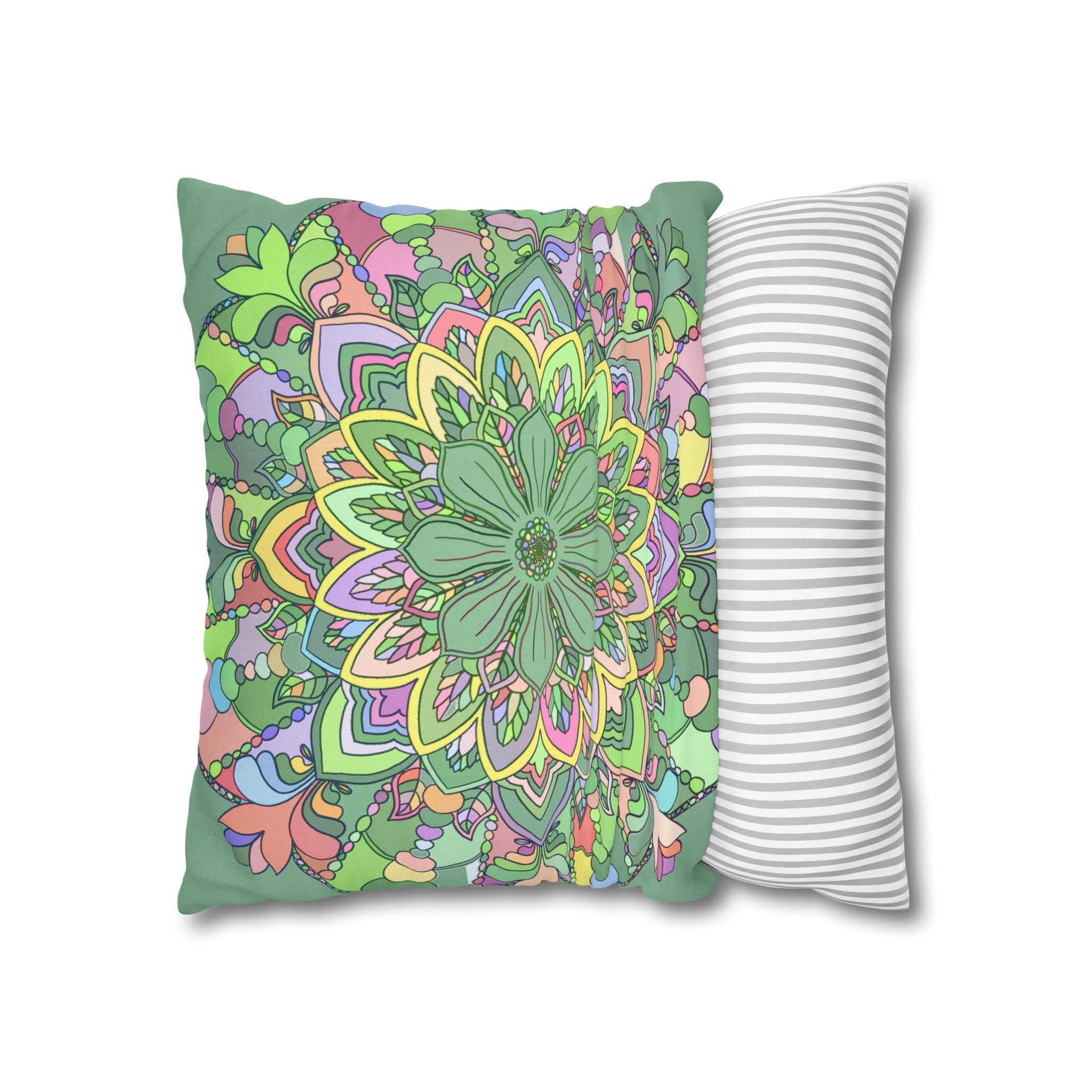 Spun Polyester Square Pillowcase Mandala Art - Original Fine Art - Hand - drawn - Pastel colors, Light Moss Green - Blululi