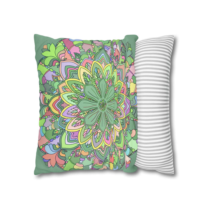 Spun Polyester Square Pillowcase Mandala Art - Original Fine Art - Hand - drawn - Pastel colors, Light Moss Green - Blululi