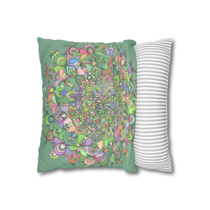 Spun Polyester Square Pillowcase Mandala Art - Original Fine Art - Hand - drawn - Pastel colors, Light Moss Green - Blululi