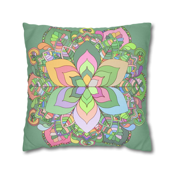 Spun Polyester Square Pillowcase Mandala Art - Original Fine Art - Hand - drawn - Pastel colors, Light Moss Green - Blululi