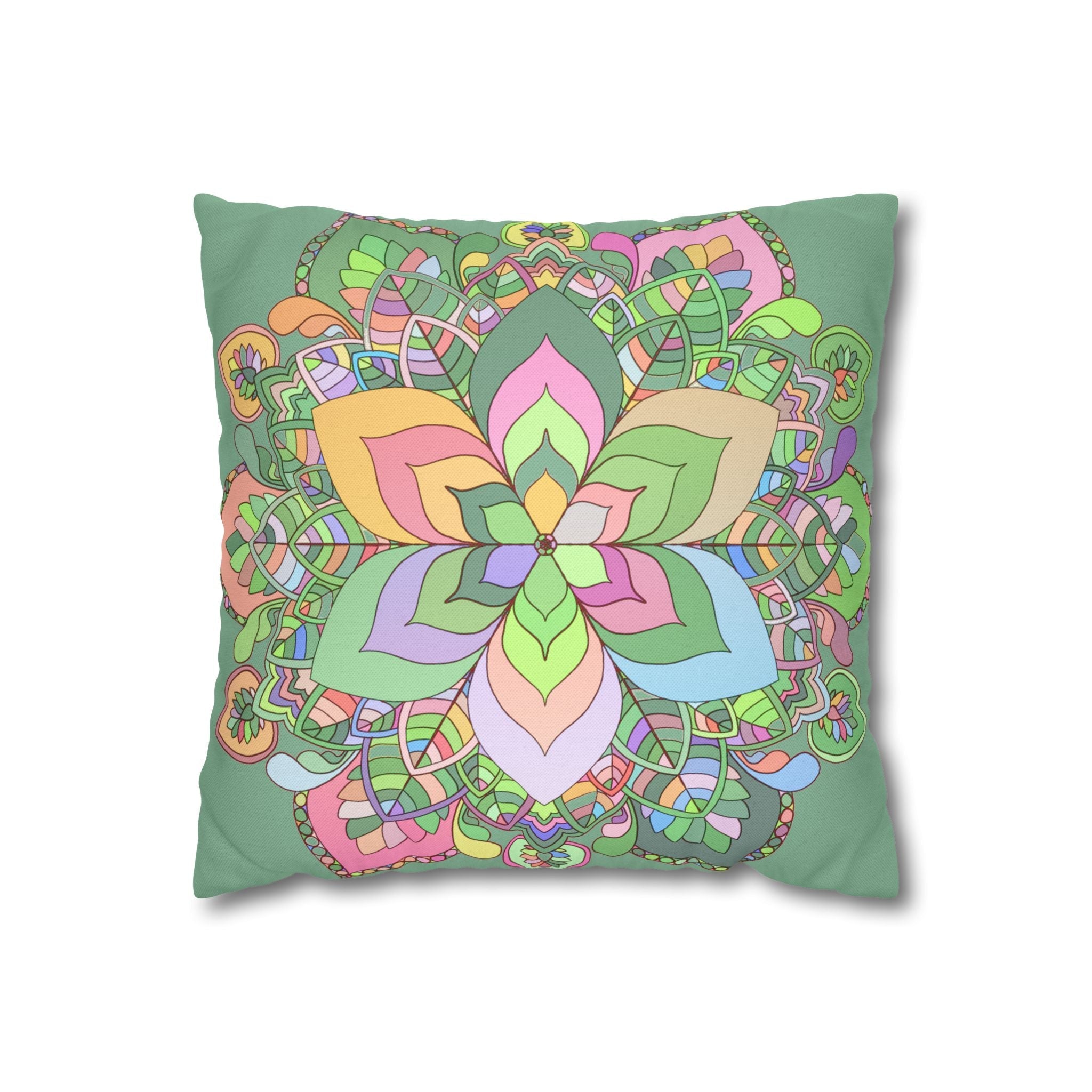 Spun Polyester Square Pillowcase Mandala Art - Original Fine Art - Hand - drawn - Pastel colors, Light Moss Green - Blululi