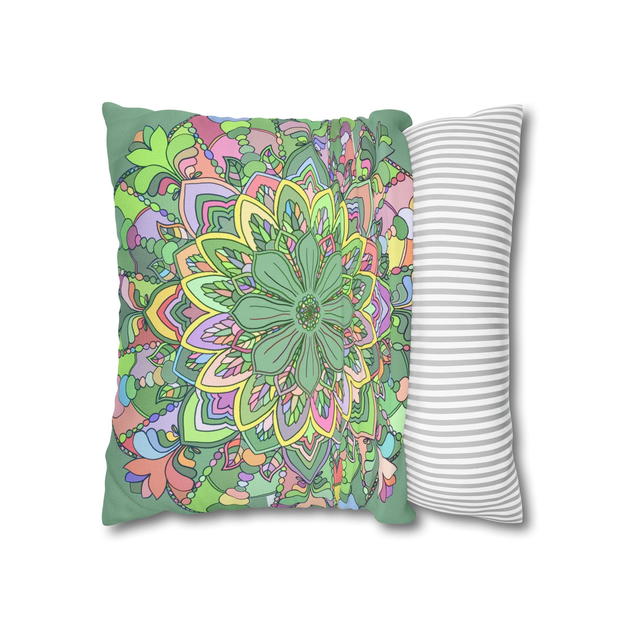 Spun Polyester Square Pillowcase Mandala Art - Original Fine Art - Hand - drawn - Pastel colors, Light Moss Green - Blululi