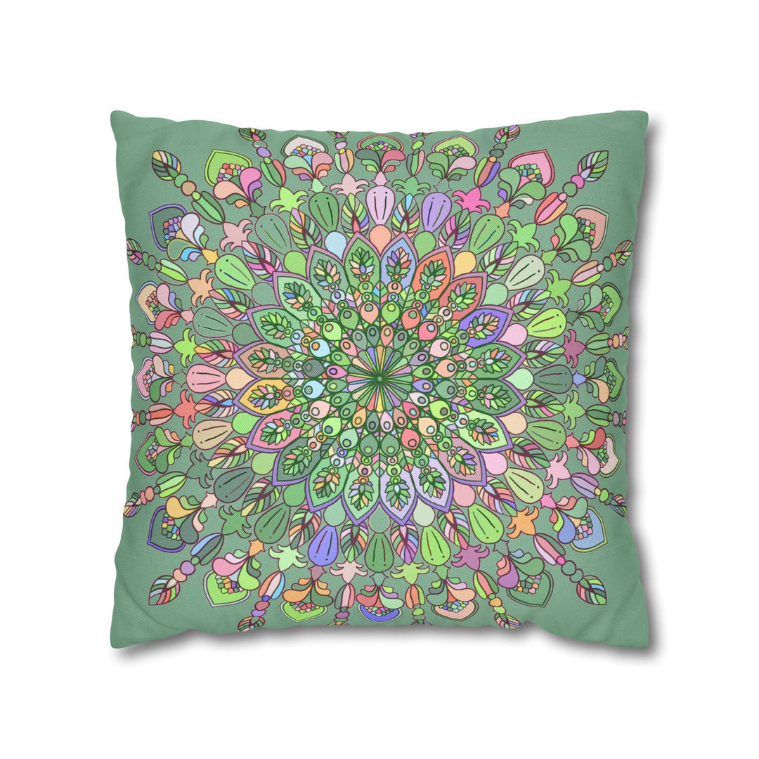 Spun Polyester Square Pillowcase Mandala Art - Original Fine Art - Hand - drawn - Pastel colors, Light Moss Green - Blululi