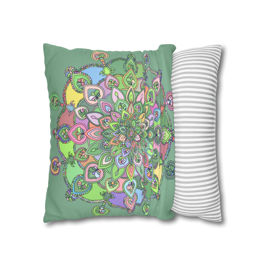 Spun Polyester Square Pillowcase Mandala Art - Original Fine Art - Hand - drawn - Pastel colors, Light Moss Green - Blululi