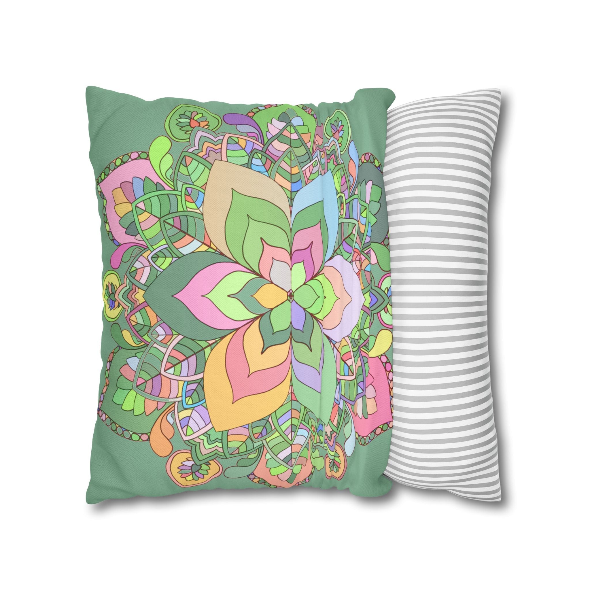 Spun Polyester Square Pillowcase Mandala Art - Original Fine Art - Hand - drawn - Pastel colors, Light Moss Green - Blululi