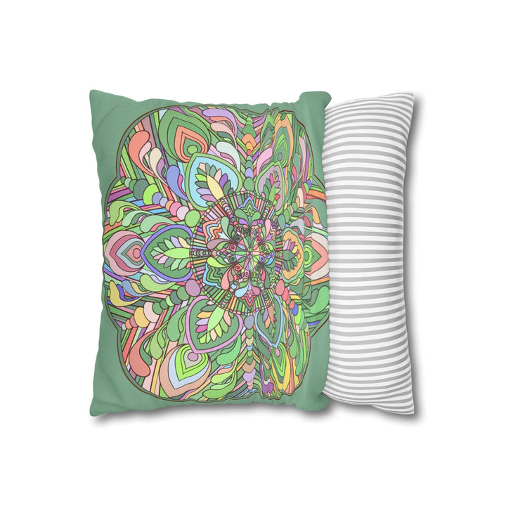 Spun Polyester Square Pillowcase Mandala Art - Original Fine Art - Hand - drawn - Pastel colors, Light Moss Green - Blululi