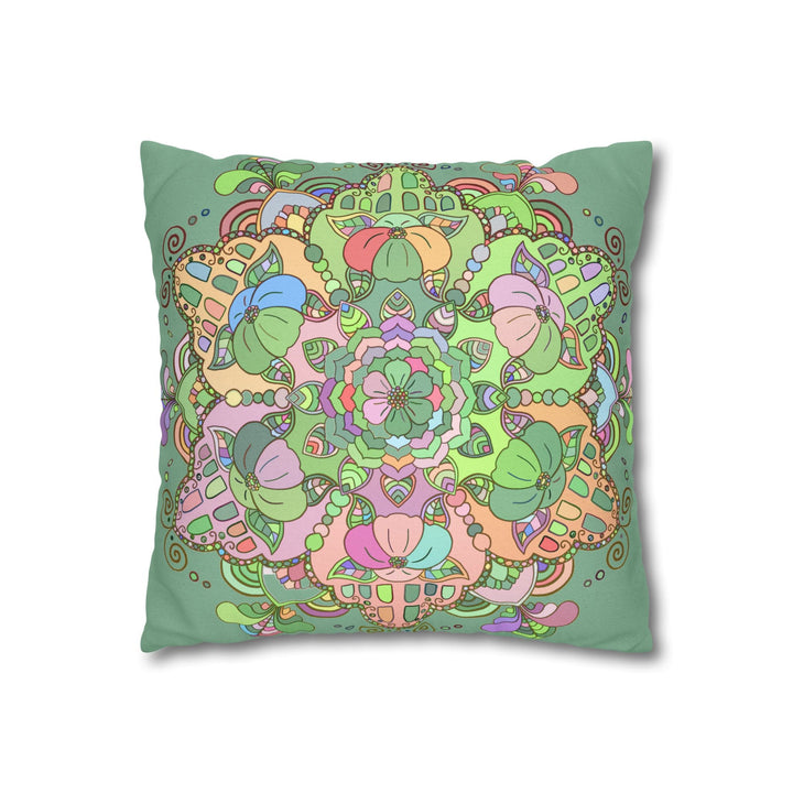 Spun Polyester Square Pillowcase Mandala Art - Original Fine Art - Hand - drawn - Pastel colors, Light Moss Green - Blululi