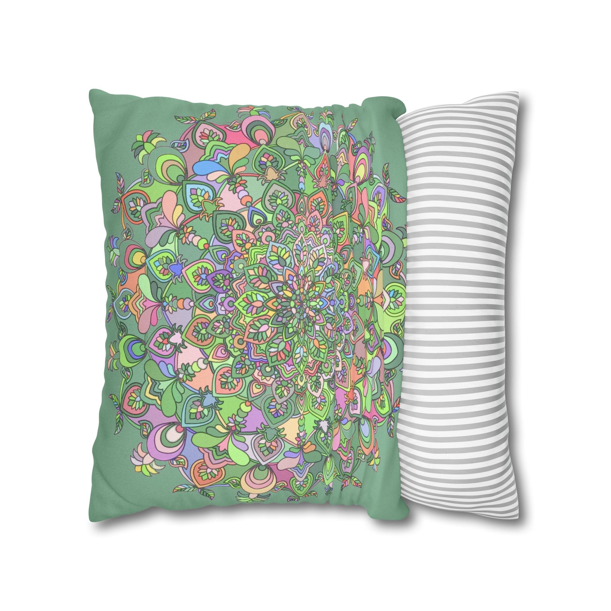 Spun Polyester Square Pillowcase Mandala Art - Original Fine Art - Hand - drawn - Pastel colors, Light Moss Green - Blululi