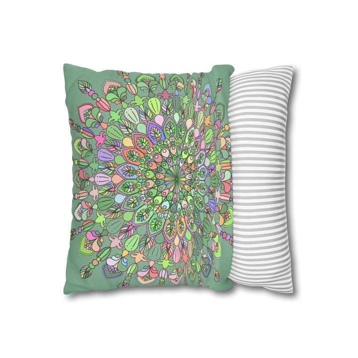 Spun Polyester Square Pillowcase Mandala Art - Original Fine Art - Hand - drawn - Pastel colors, Light Moss Green - Blululi